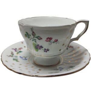 Guaranteed English Teacup and Saucer Set Floral Gold Trim and Stars Pedestal SEE